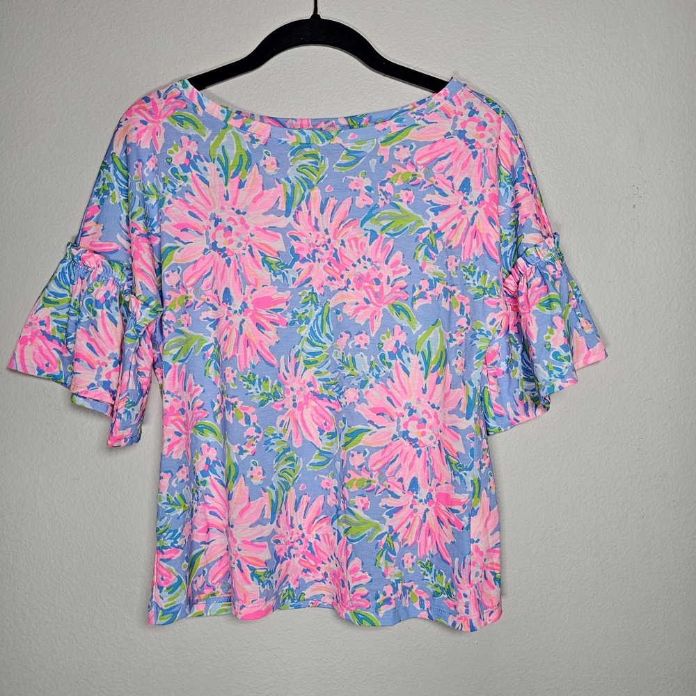Lilly Phlitzer Womens XXS Ziva Ruffle Sleeve Floral Top‎ Pink Blue Hawaiian EUC